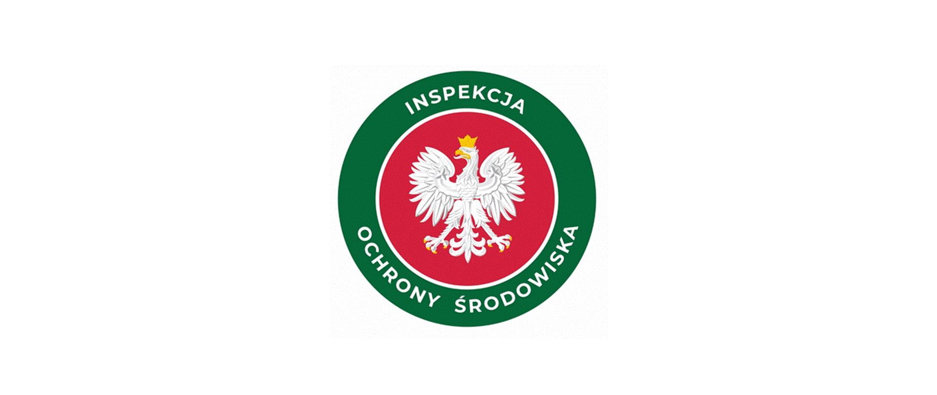 Okrągłe logo Inspekcji Ochrony Środowiska. Godło Polski, Orzeł w koronie, na czerwonym tle umieszczone wewnątrz zielonego okręgu z napisem Inspekcja Ochrony Środowiska.