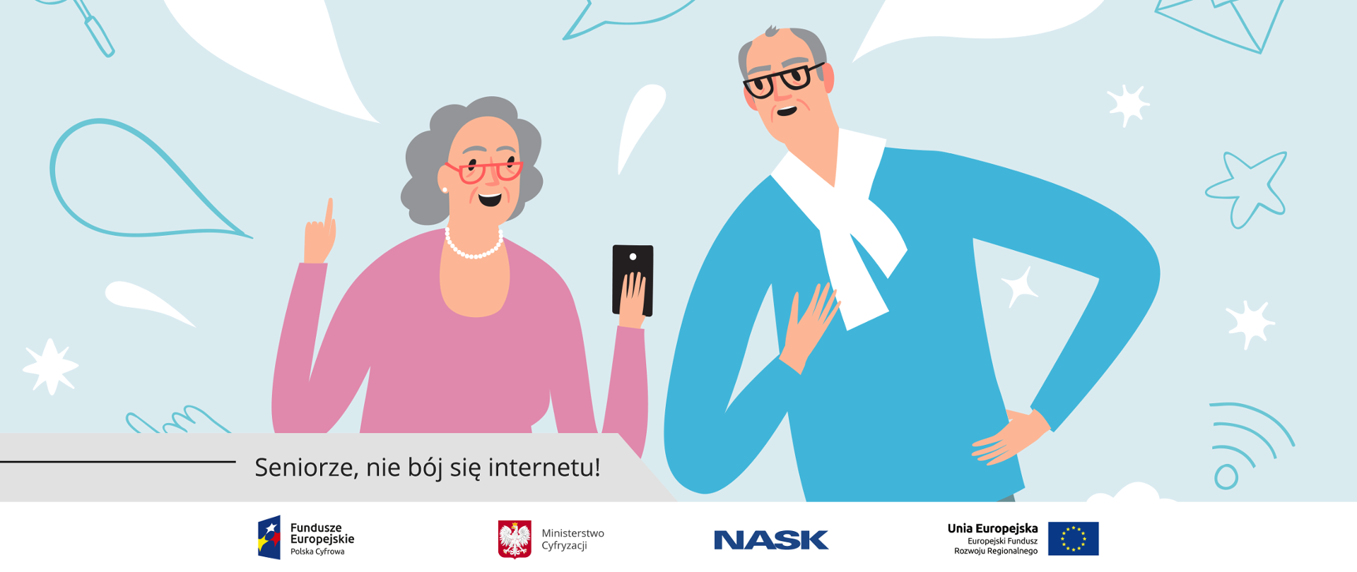 Grafika. Babcia i dziadek wpatrujący się w smartfona. Poniżej napis: Seniorze, nie bój się internetu!