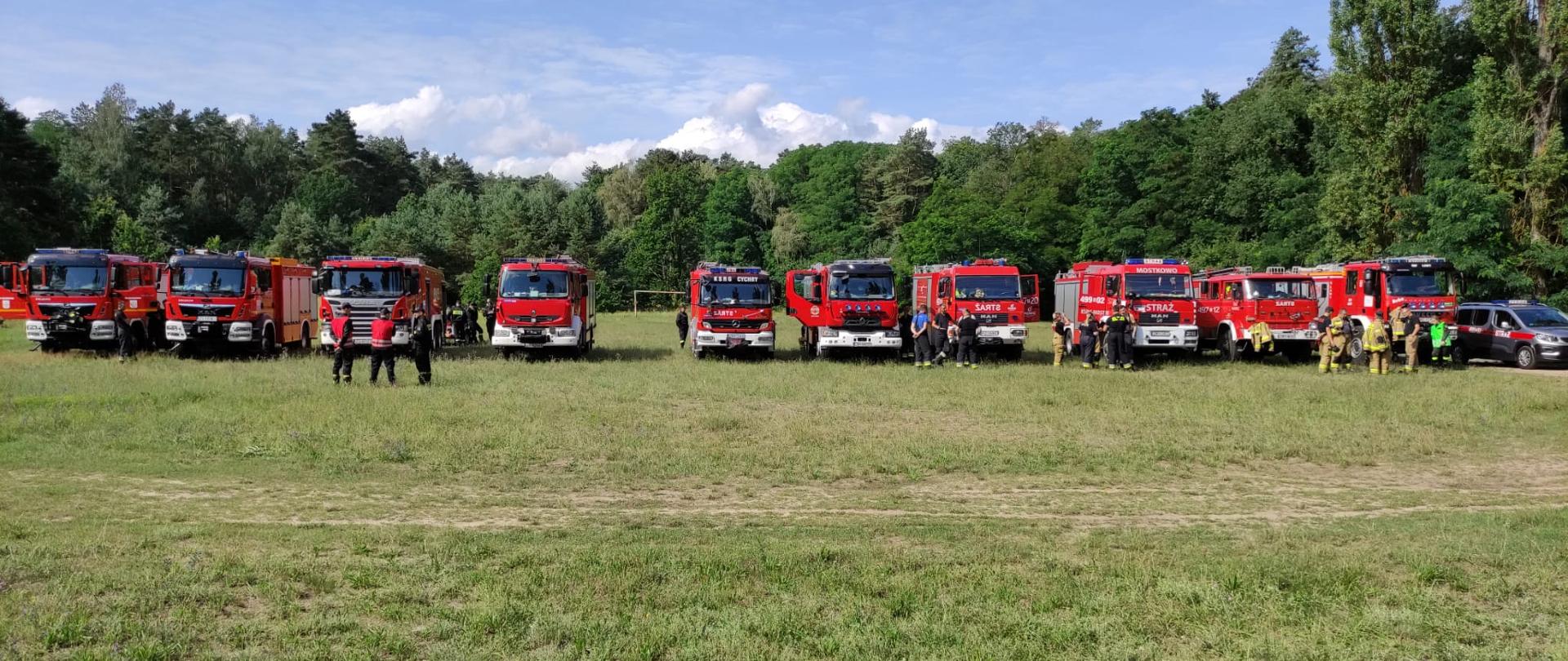 Samochody gaśnicze stojące w rzędzie na polanie leśnej.