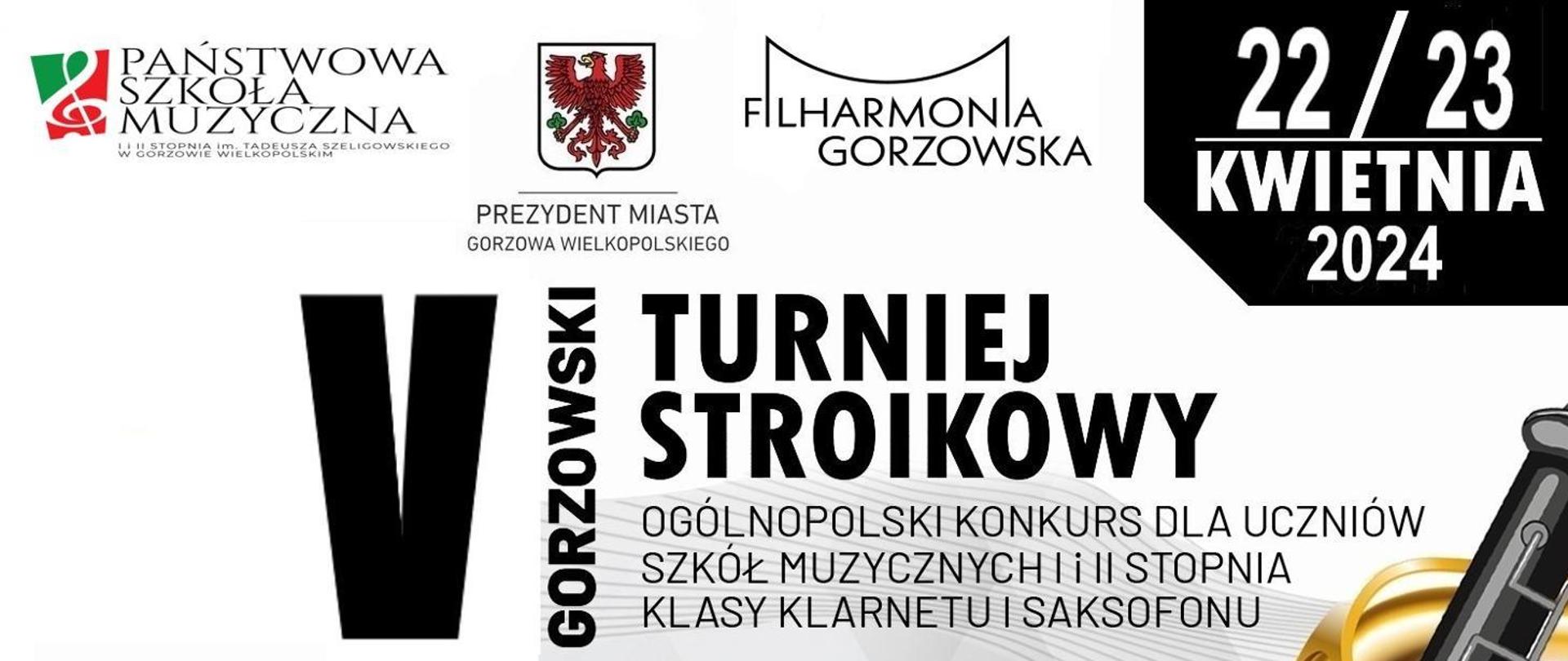 Na biało-szarym tle u góry logotypy współorganizatorów i nazwa konkursu. W centrum złoty saksofon i czarny klarnet. Na dole i po bokach logotypy sponsorów