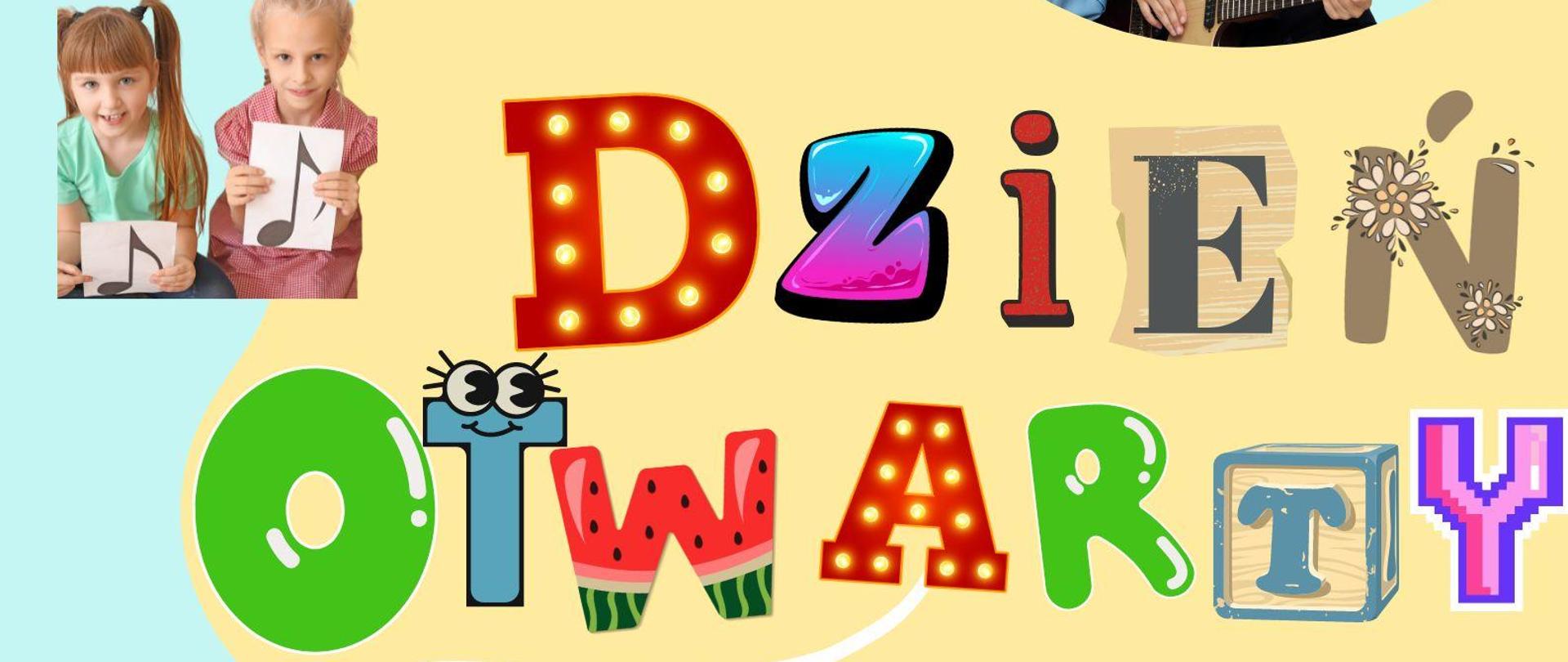 Państwowa Szkoła Muzyczna I stopnia im. I.J. Paderewskiego w Głubczycach zaprasza na Dzień Otwarty. niebiesko-żołte tło plakatu z grafikami grających dzieci na instrumentach. Na dole tekst: 16:00 - możliwość obserwacji lekcji i konsultacje z nauczycielami, 17:00 - koncert.