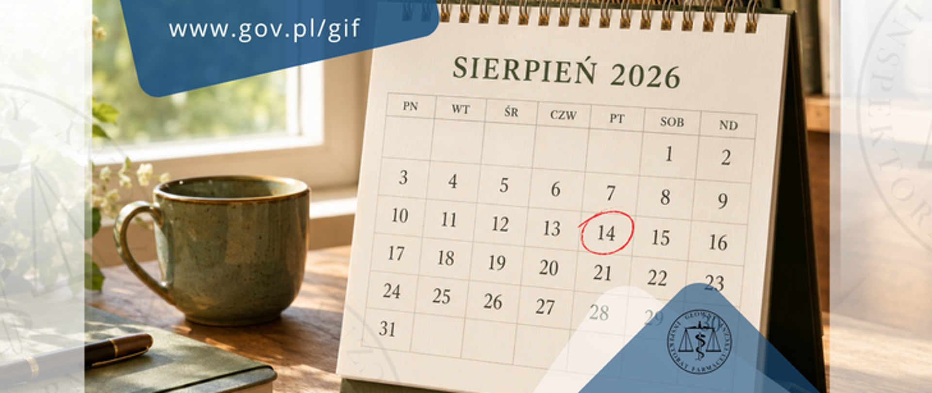 Kalendarz, na którym czerwonym kółkiem zaznaczono 14 sierpnia 2026 r.