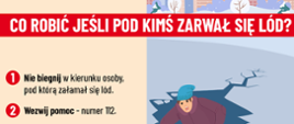 Grafika. Po prawej stronie osoba pod którą zarwał się lód, inna osoba podaje gałąź. U góry napis "Co robić, jeśli pod kimś zarwał się lód": 1. Nie biegnij w kierunku osoby, pod którą załamał się lód. 2. Wezwij pomoc - numer 112."