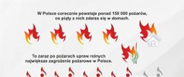 Infografika kolorowa z ogólnopolskiej kampanii edukacyjno-informacyjnej Państwowej Straży Pożarnej. Obrazy ognia, gaśnicy, logo PSP.
