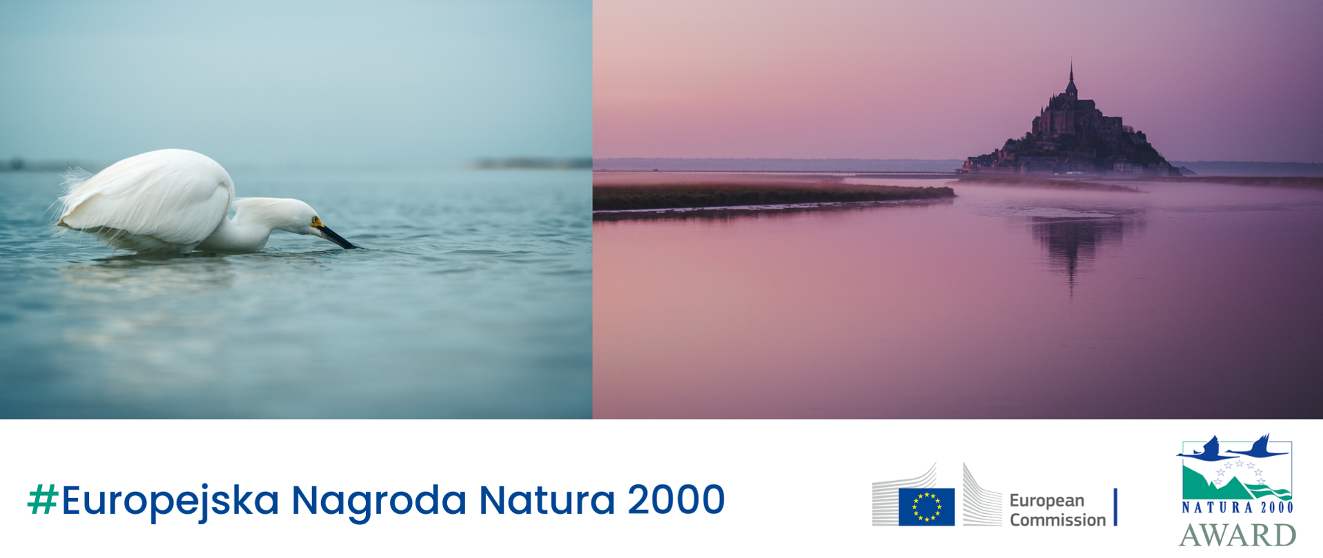 Dwa zdjęcia zestawione ze sobą. Na jednym biały ptak na wodzie, na drugim krajobraz z budowlą typu zamek.
Na dole napis #Europejska Nagroda Natura 2000 i dwa logotypy: Komisji Europejskiej i Europejskiej Nagrody Natura 2000.