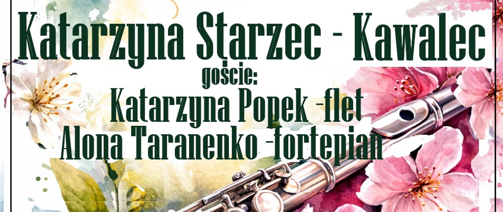 Plakat z fletem, kwiatami i napisem Wiosenny Koncert Fletowy