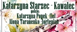 Plakat z fletem, kwiatami i napisem Wiosenny Koncert Fletowy