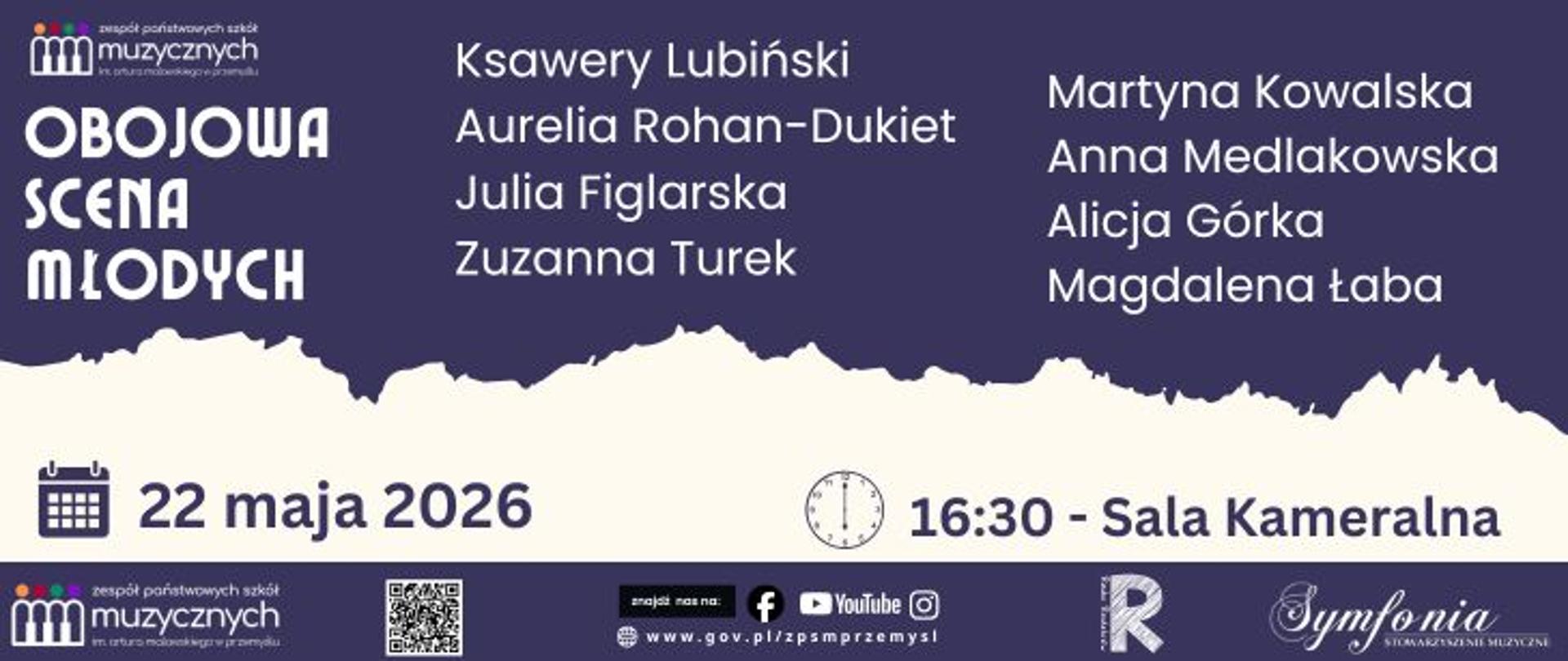 Plakat koncertu „Obojowa Scena Młodych”, który odbędzie się 22 maja 2026 roku o godzinie 16:30 w Sali Kameralnej Zespołu Państwowych Szkół Muzycznych w Przemyślu. Na plakacie wymieniono nazwiska wykonawców.
