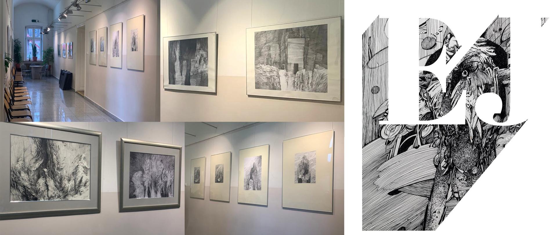 Zdjęcia prac na ścianie bielskiej galerii.