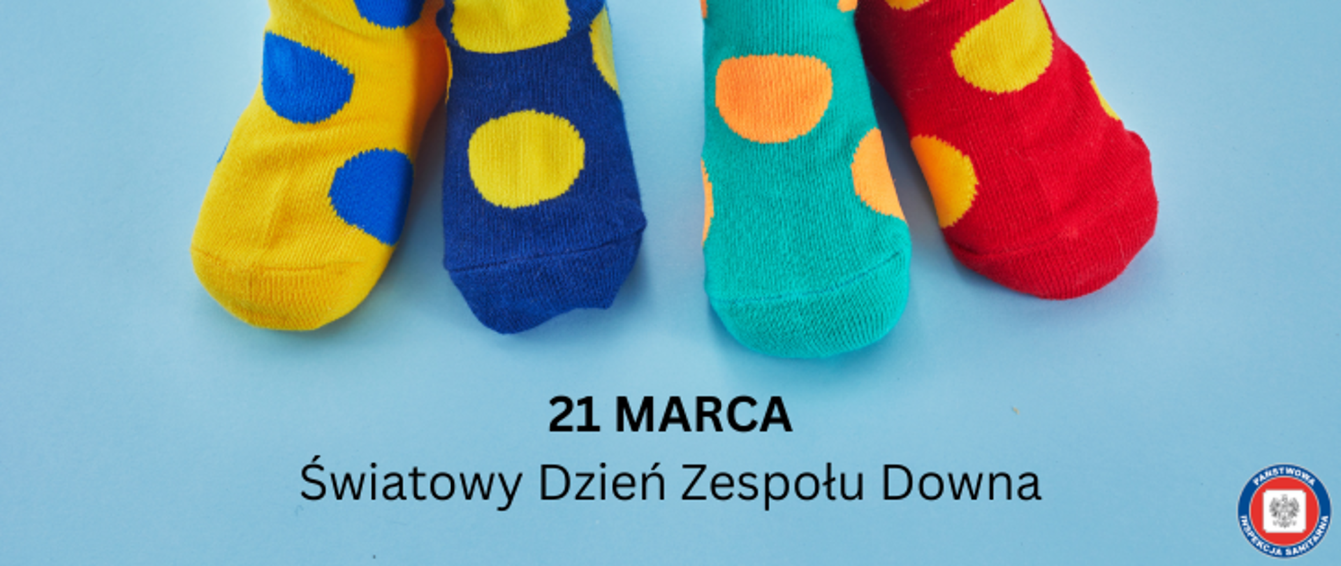 Na niebieskim tle 4 stopy każda w innej kolorowej skarpetce. Pierwsza od lewej skarpetka w kolorze żółtym w niebieskie grochy, kolejna niebieska w żółte grochy, kolejna seledynowa w pomarańczowe grochy i czwarta czerwona w żółte grochy. Na dole na środku napis 21 marca światowy dzień zespołu Downa. W prawy dolnym rogu okrągłe logo Państwowej Inspekcji Sanitarnej przedstawiające czarnego orła na białym kwadratowym tle, które otoczone jest czerwonym wypełnieniem. Zewnętrzną część logo otacza granatowy okrąg z napisem Państwowa Inspekcja Sanitarna w kolorze białym.