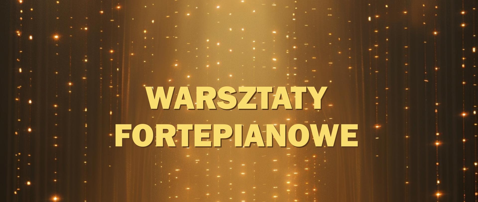 czarny fortepian na tle imitującym girlandy ledowe. Odcienie plakatu w klimacie imprezowym. U góry Napis w kolorze żółtym.