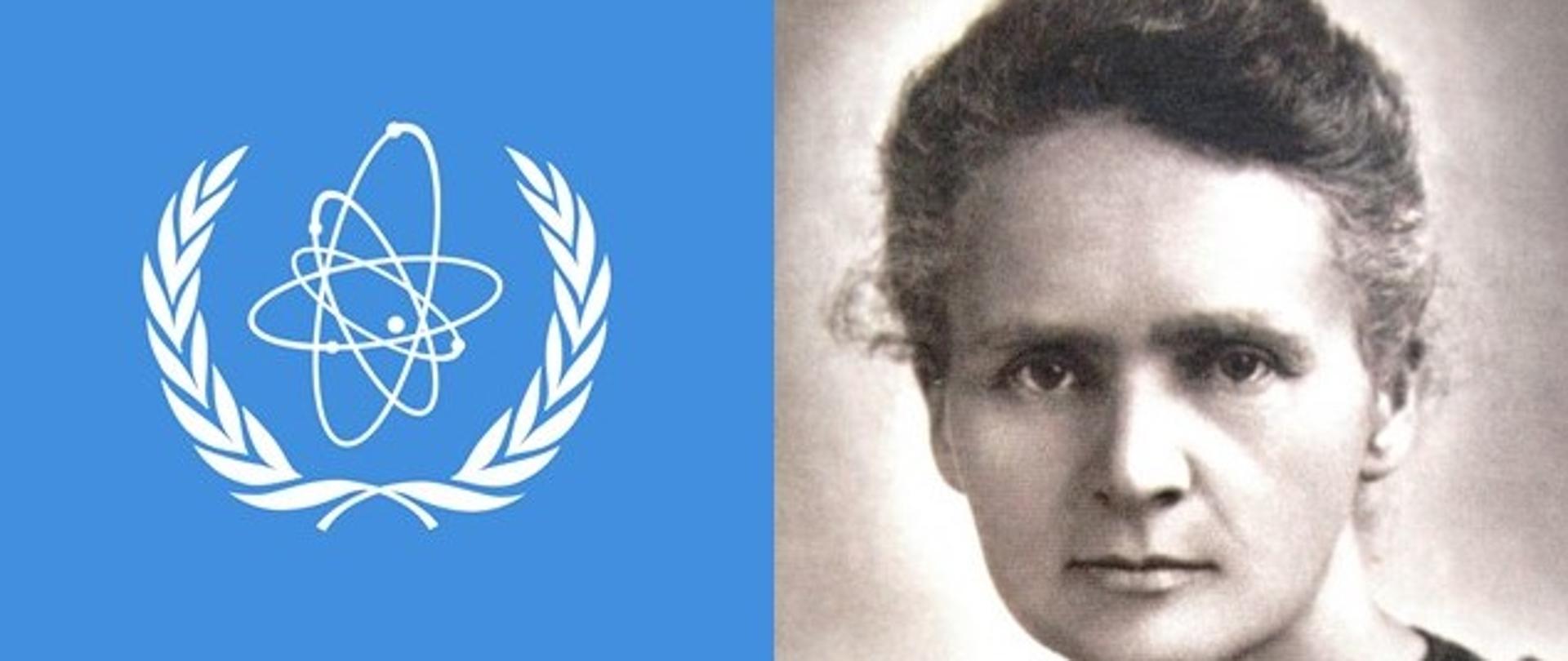 Logo Międzynarodowej Agencji Wiedeńskiej, obok zdjęcie Marii Skłodowskiej-Curie