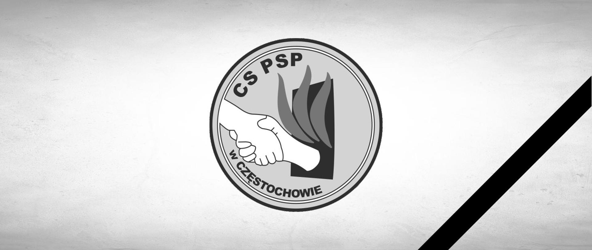 Czarno-białe logo Centralnej Szkoły PSP na tle szarego teksturowego tła, po prawej strony grafiki czarna linia