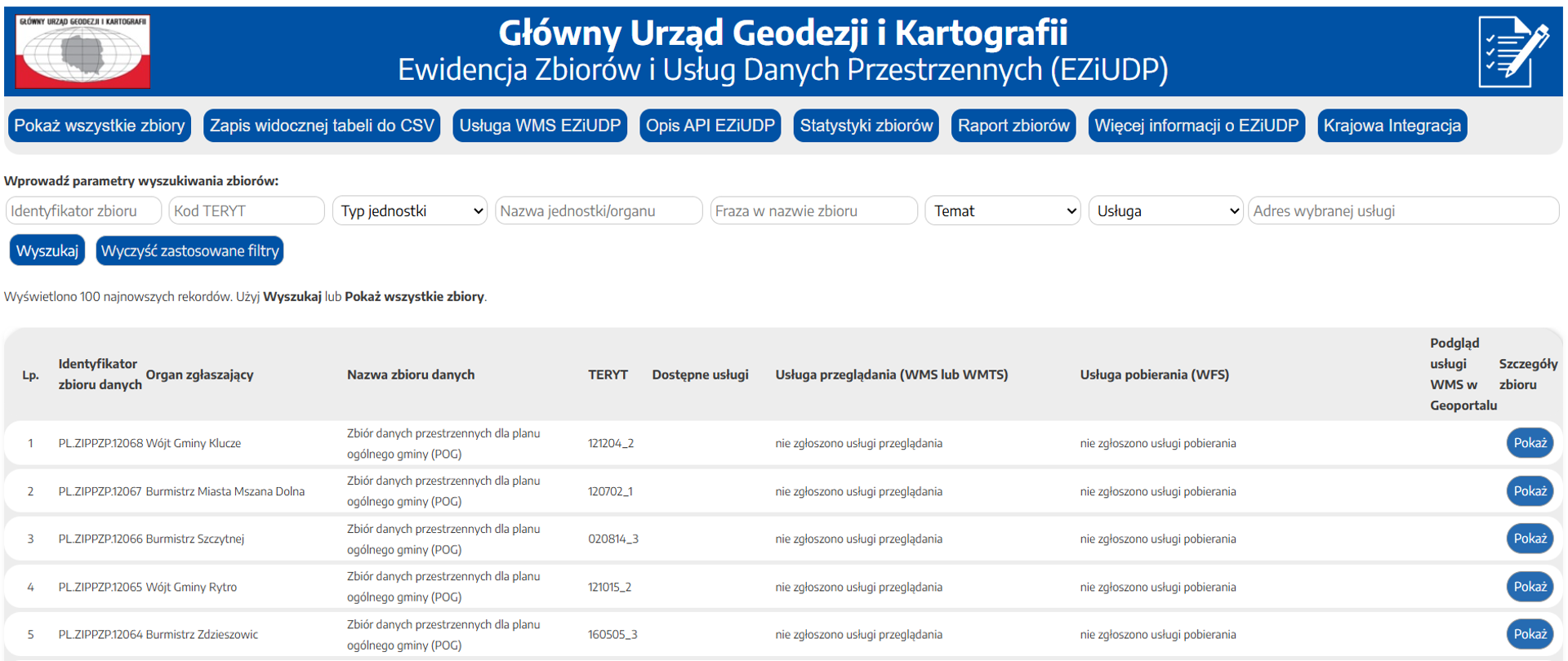 Zrzut ekranu przedstawiający odświeżoną stronę ewidencji zbiorów i usług danych przestrzennych