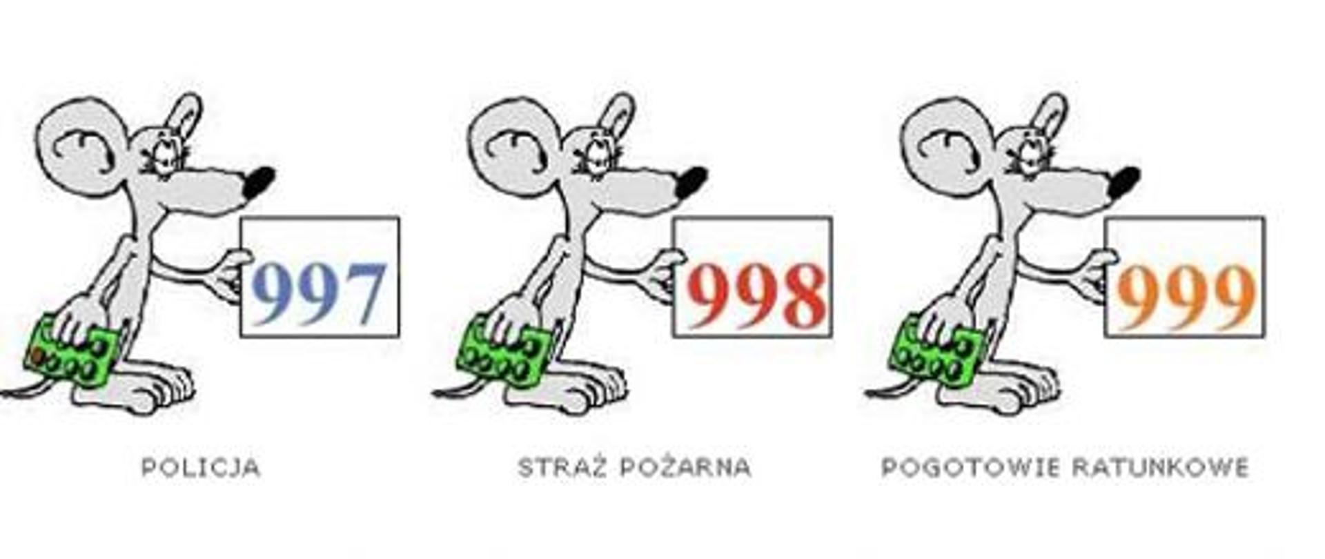 Logo porady dzieci poradnik bezpiecznych zachowań - myszki z numerami alarmowymi służb policji pogotowia ratunkowego i straży pożarnej