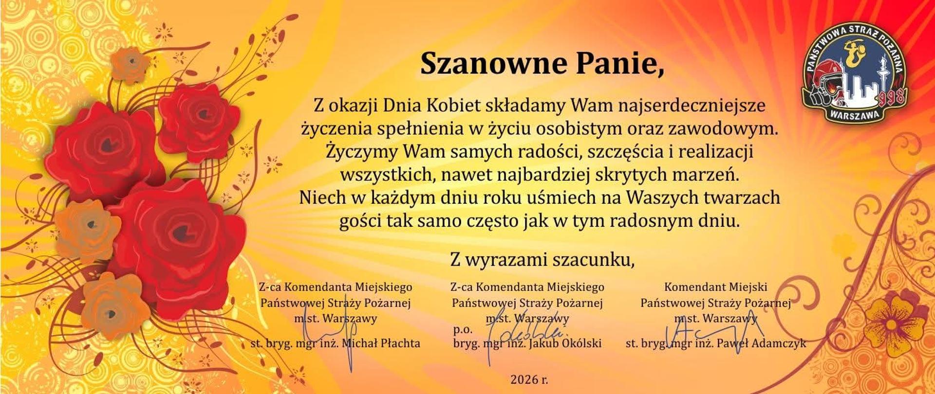 Życzenia Komendanta Miejskiego PSP m.st. Warszawy z okazji Międzynarodowego Dnia Kobiet

