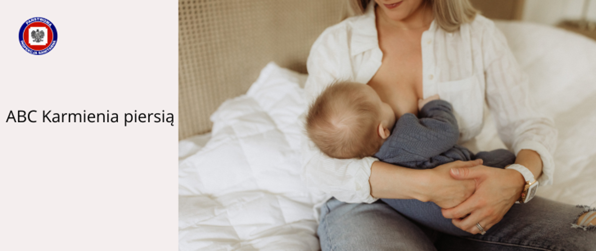 Po prawej mama karmiąca piersią dziecko, po lewej na jasnobeżowym tle ciemny napis "ABC karmienia piersią" nad nim w rogu logo Państwowej Inspekcji Sanitarnej.