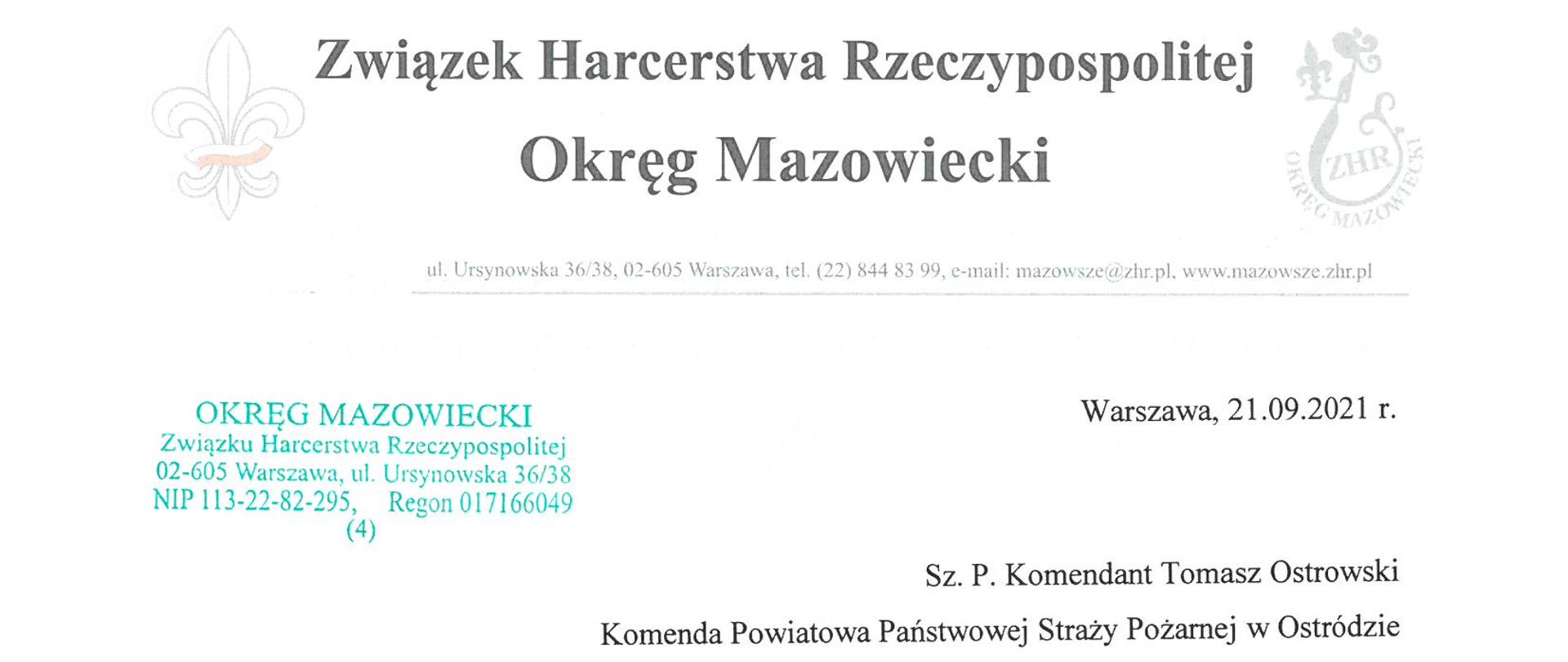 Pisemne podziękowania kierownictwa ZHP okręgu Mazowieckiego za ewakuację obozu harcerskiego przeprowadzoną przez strażaków powiatu ostródzkiego