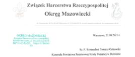 Pisemne podziękowania kierownictwa ZHP okręgu Mazowieckiego za ewakuację obozu harcerskiego przeprowadzoną przez strażaków powiatu ostródzkiego