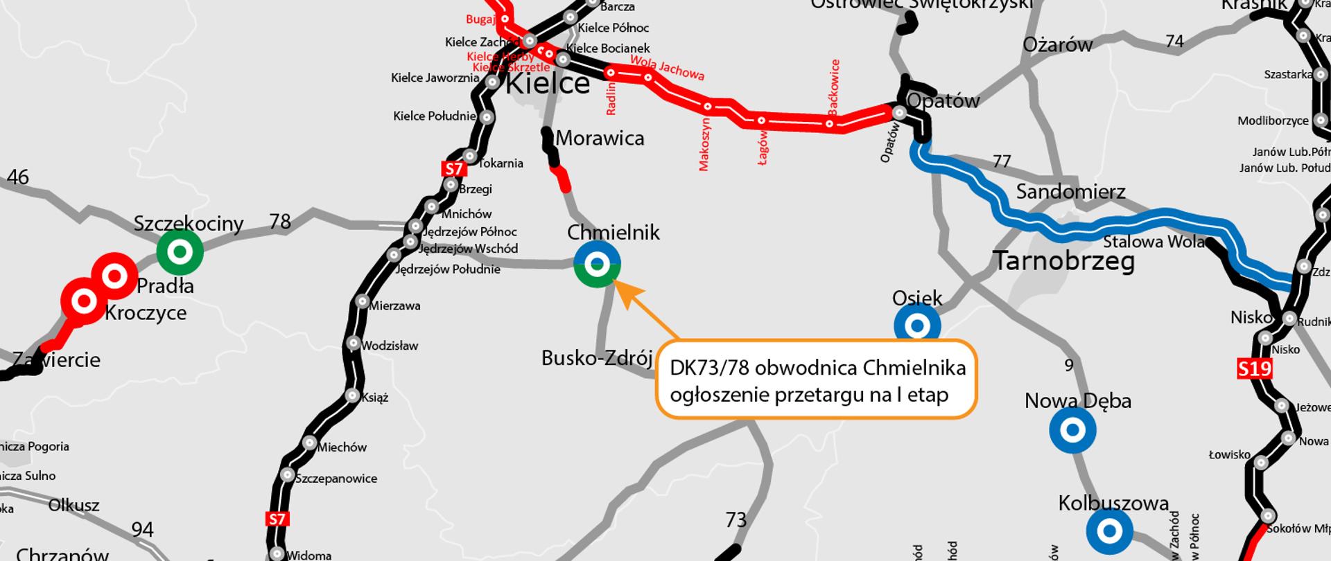 Przetarg na realizację obwodnicy Chmielnika - mapka z zaznaczoną lokalizacją 