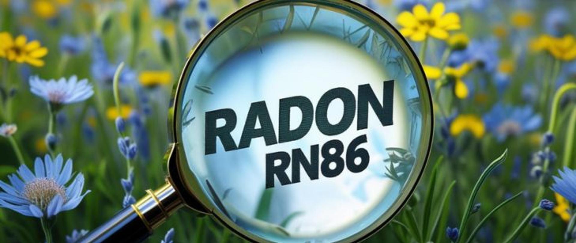 Na łące kwietnej znajdują się niebieskie i żółte kwiaty polne. Na pierwszym planie lupa, a w niej ciemny napis RADON RN 86