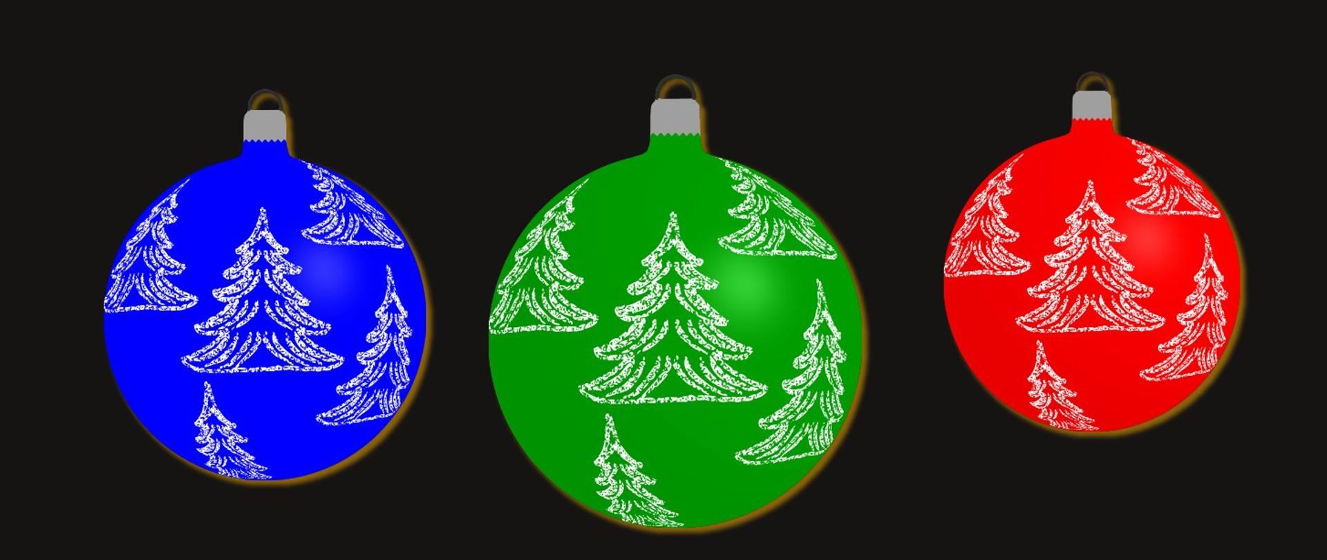 grafika przedstawiająca trzy różnokolorowe bombki choinkowe na czarnym tle