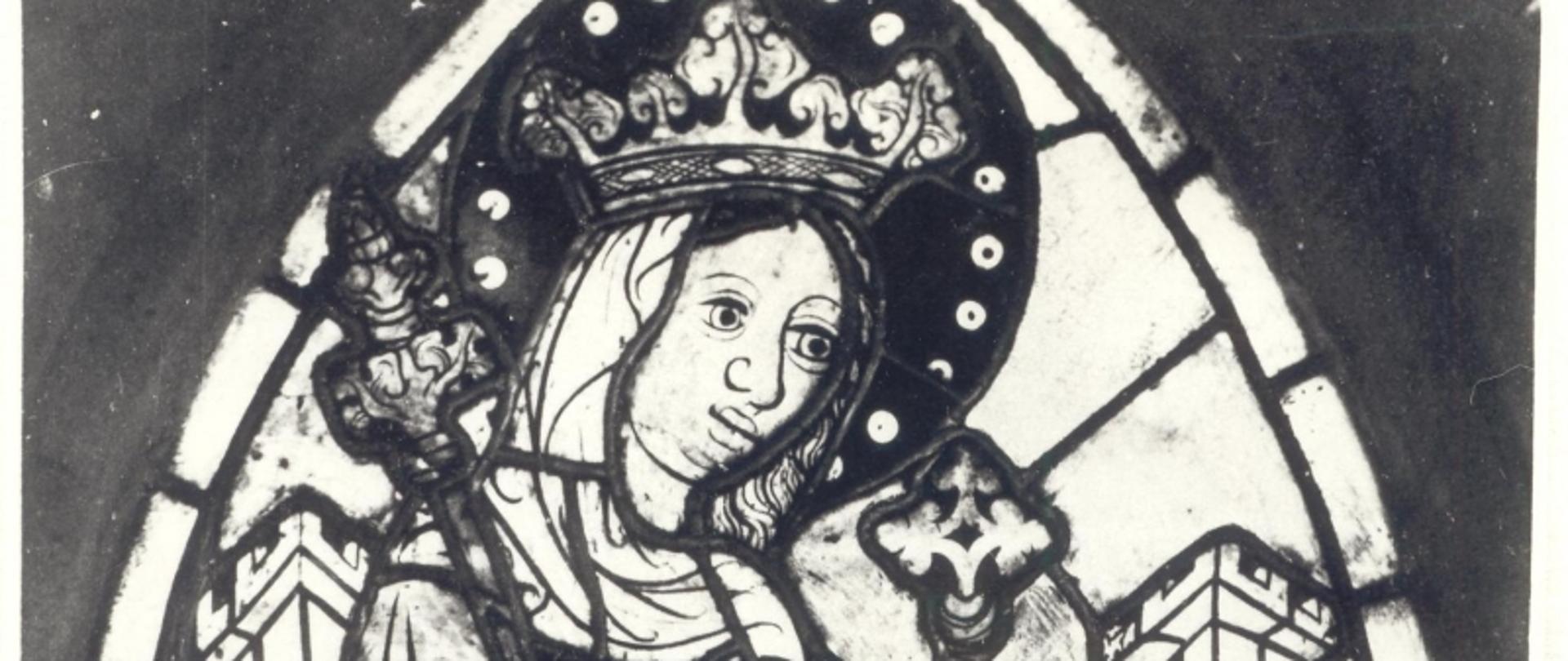 Witraż „Tronująca Madonna”, warsztat toruński, 2. poł. XIV w., szkło barwione w masie, farba konturowa, patyna witrażowa, listwy ołowiowe