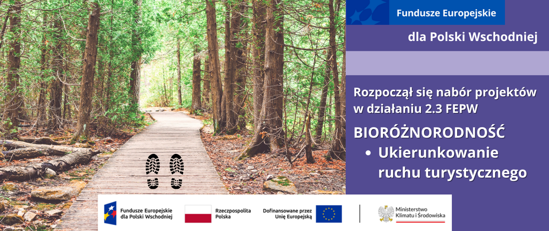 Widok za dnia na drewnianą kładkę ułożoną przez środek iglastego lasu. Na szlaku odcisk pary butów. Po prawej informacja o otwarciu naboru wniosków o dofinansowanie na projekty w ramach działania 2.3 FEPW: Bioróżnorodność (typ projektu: Ukierunkowanie ruchu turystycznego). Na dole grafiki logotypy unijne.
