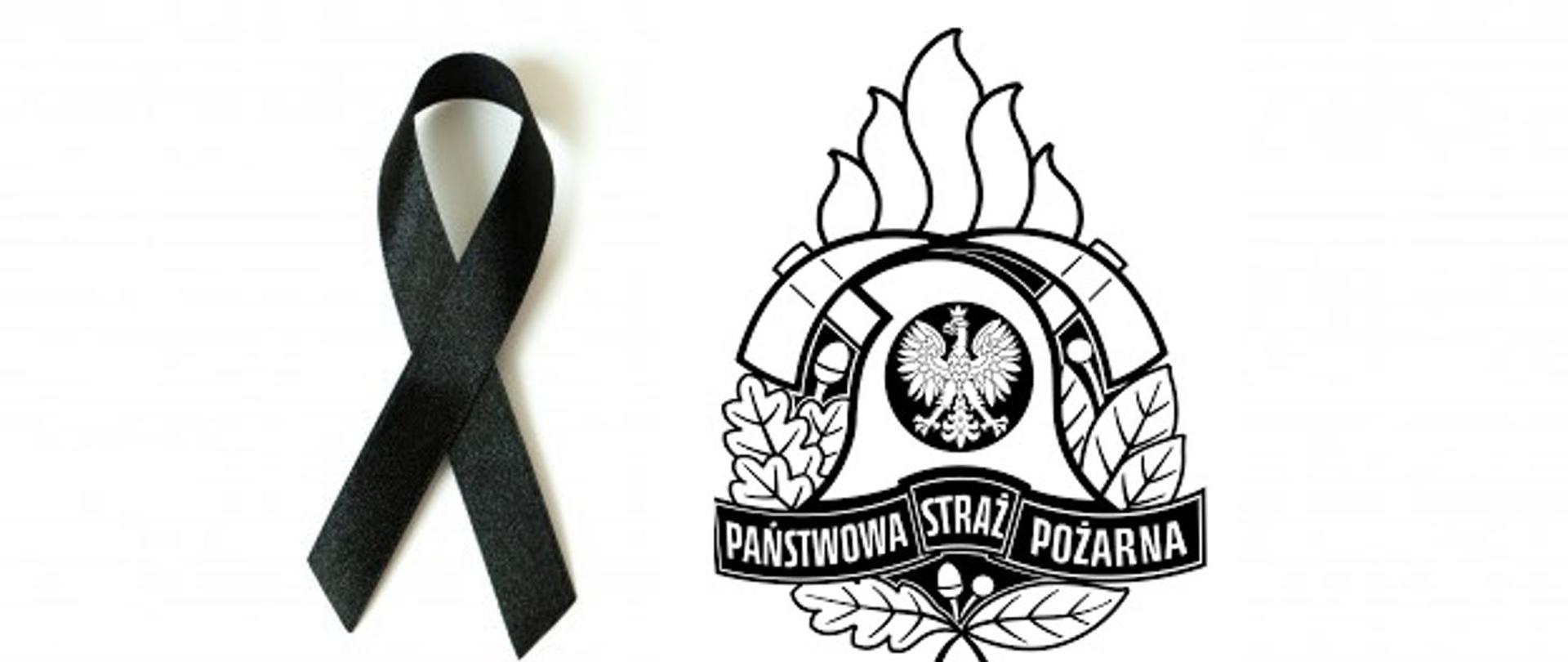 Zmarła emerytowana funkcjonariuszka Komendy Powiatowej PSP w Brzegu - zdjęcie przedstawia czarną wstążeczkę obok czarno-białe logo PSP