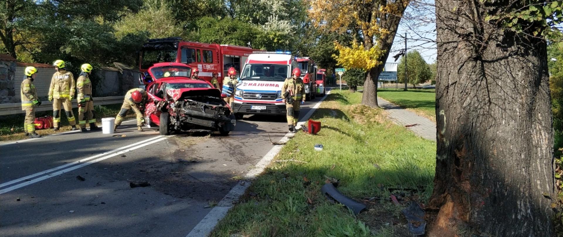 Na zdjęciu na pierwszym planie widoczne przydrożne drzewo, w które uderzył samochód osobowy. Na drugim planie rozbity samochód osobowy, wokół niego strażacy. Dalej ambulans i samochód strażacki.