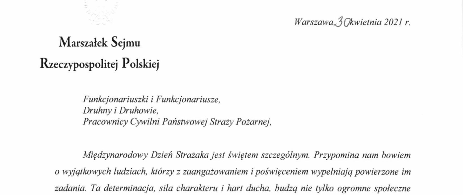 Życzenia Marszałek Sejmu RP z okazji Dnia Strażaka 2021