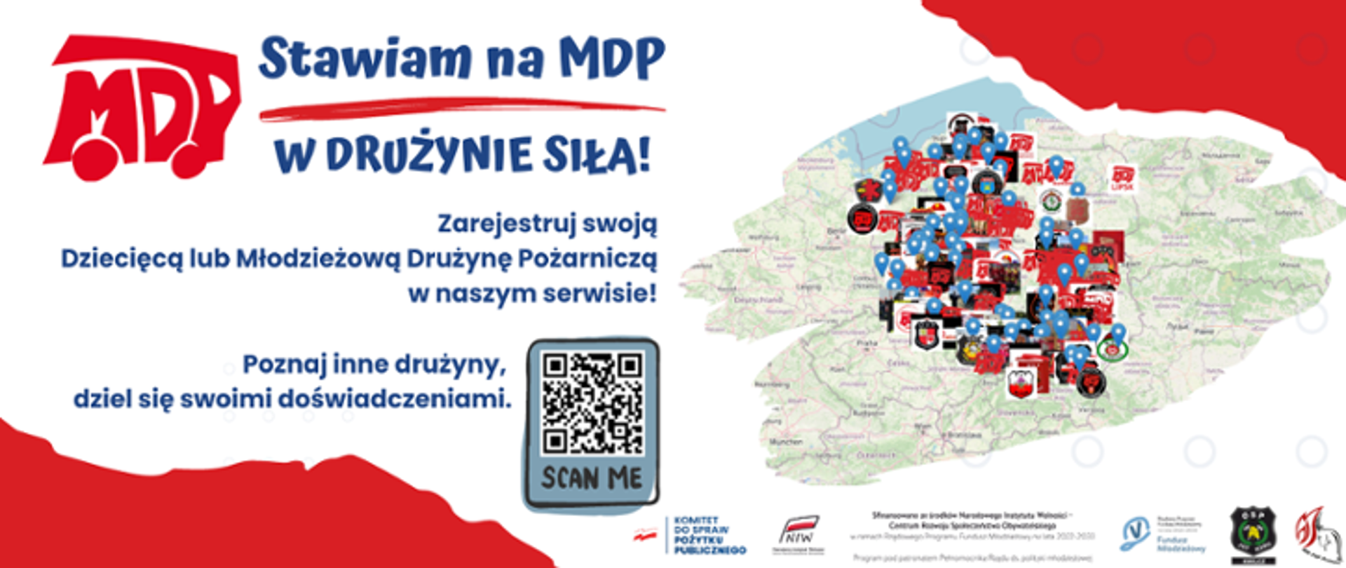 Baner MDP z mapą polski na której zaznaczone są MDP napis Stawiam Na MDP w drużynie siła zarejestruj swoją dziecięcą drużynę lub młodzieżową drużynę pożarniczą w naszym serwisie Poznaj inne drużyny dziel się swoimi doświadczeniami obok kod kreskowy z napisem SCAN ME