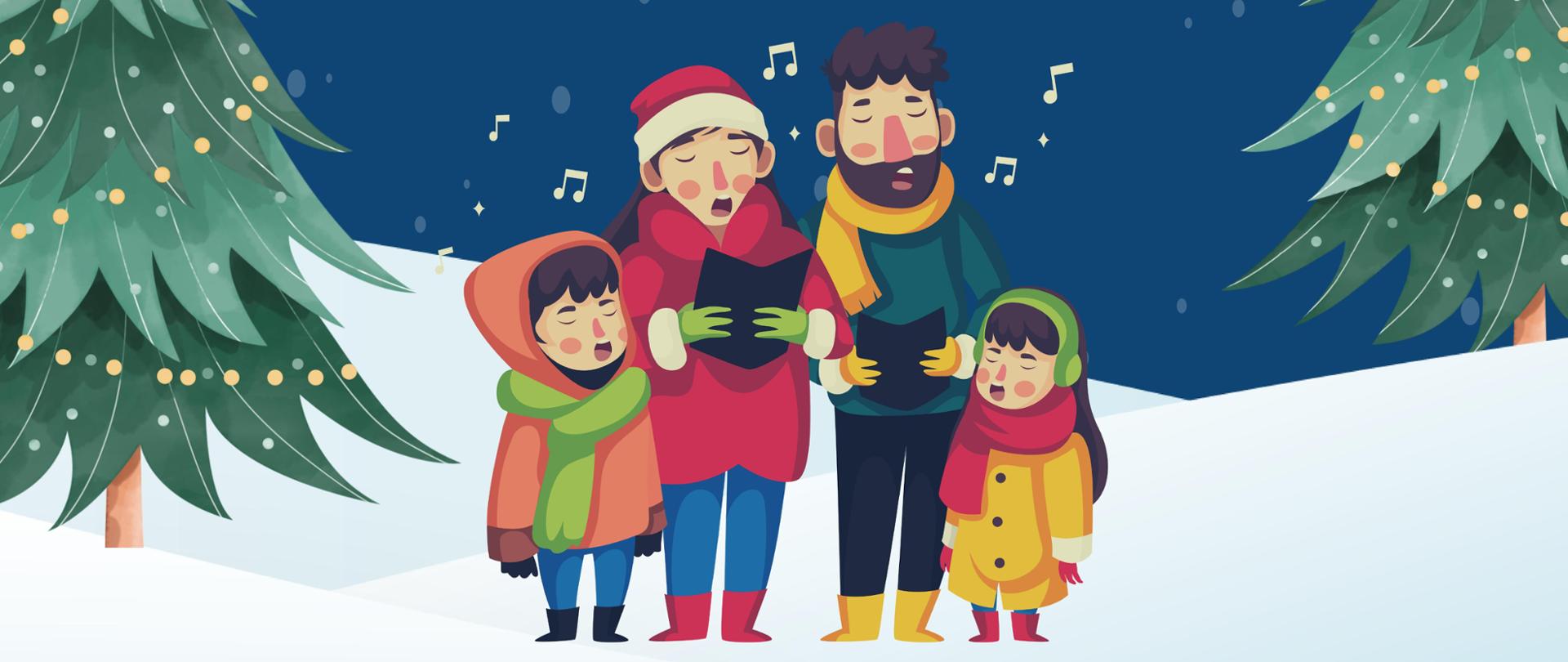Informacje o koncercie świątecznym na niebieskim tle, grafika z grupką kolędników i świąteczne drzewka