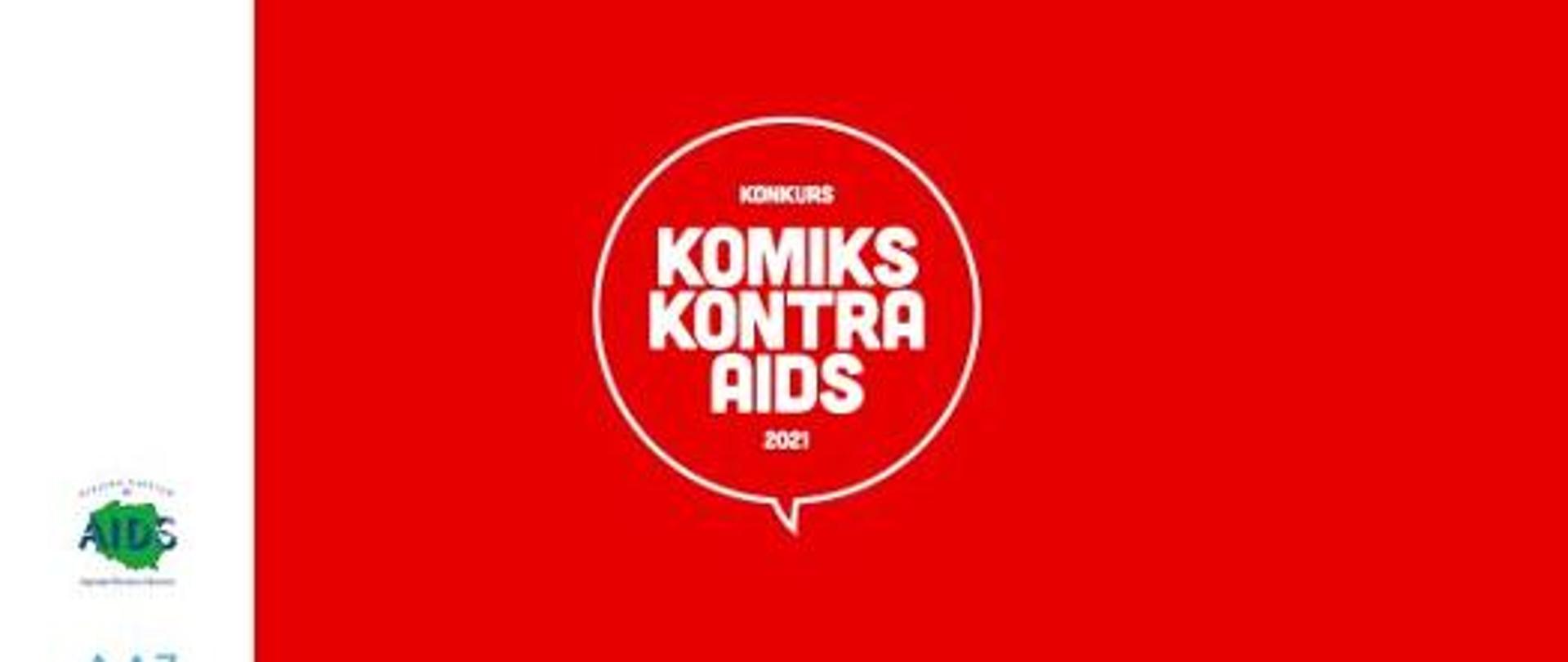 Napis Konkurs Komiks Kontra AIDS 2021 w białym kole. 