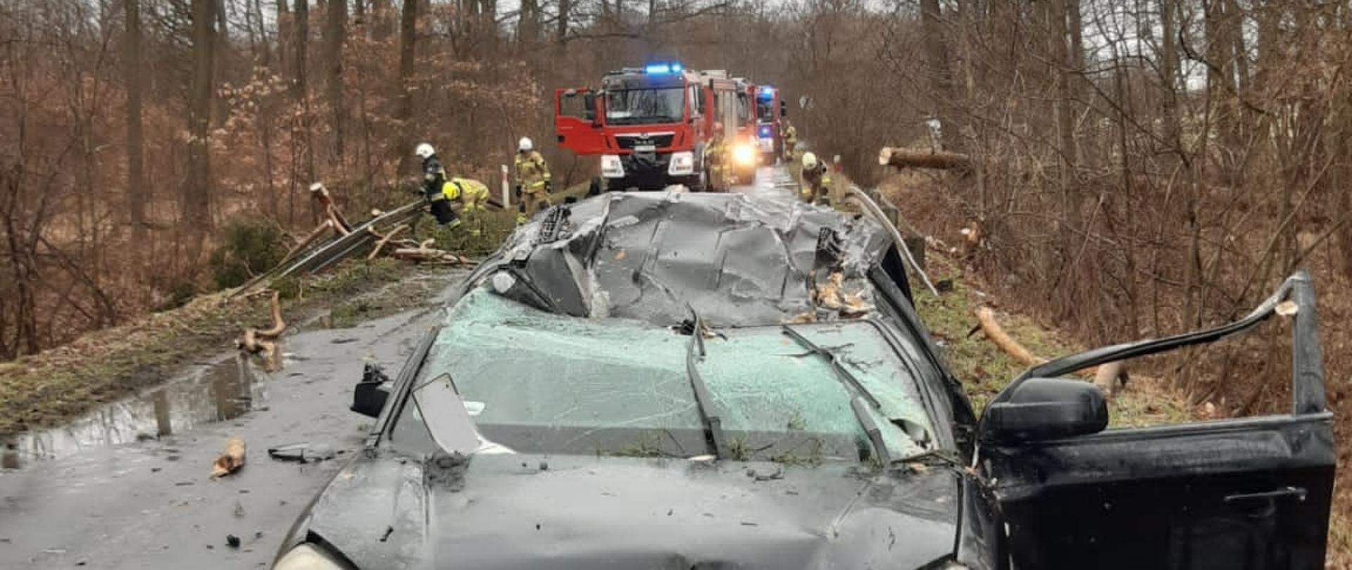 Drzewo spadło na samochód osobowy na DW 457 w pobliżu Kościerzyc