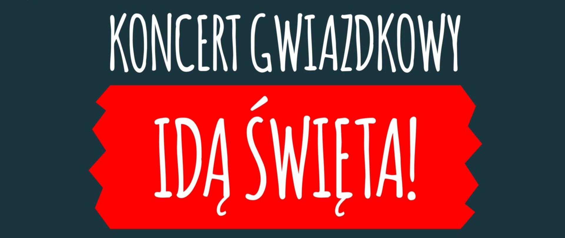 Plakat koncertu przedstawiający informacje o koncercie. W tle symbole świąteczne jak czapka Świętego Mikołaja, skarpeta na prezenty, prezenty, bombki choinkowe w formie rysunkowej.