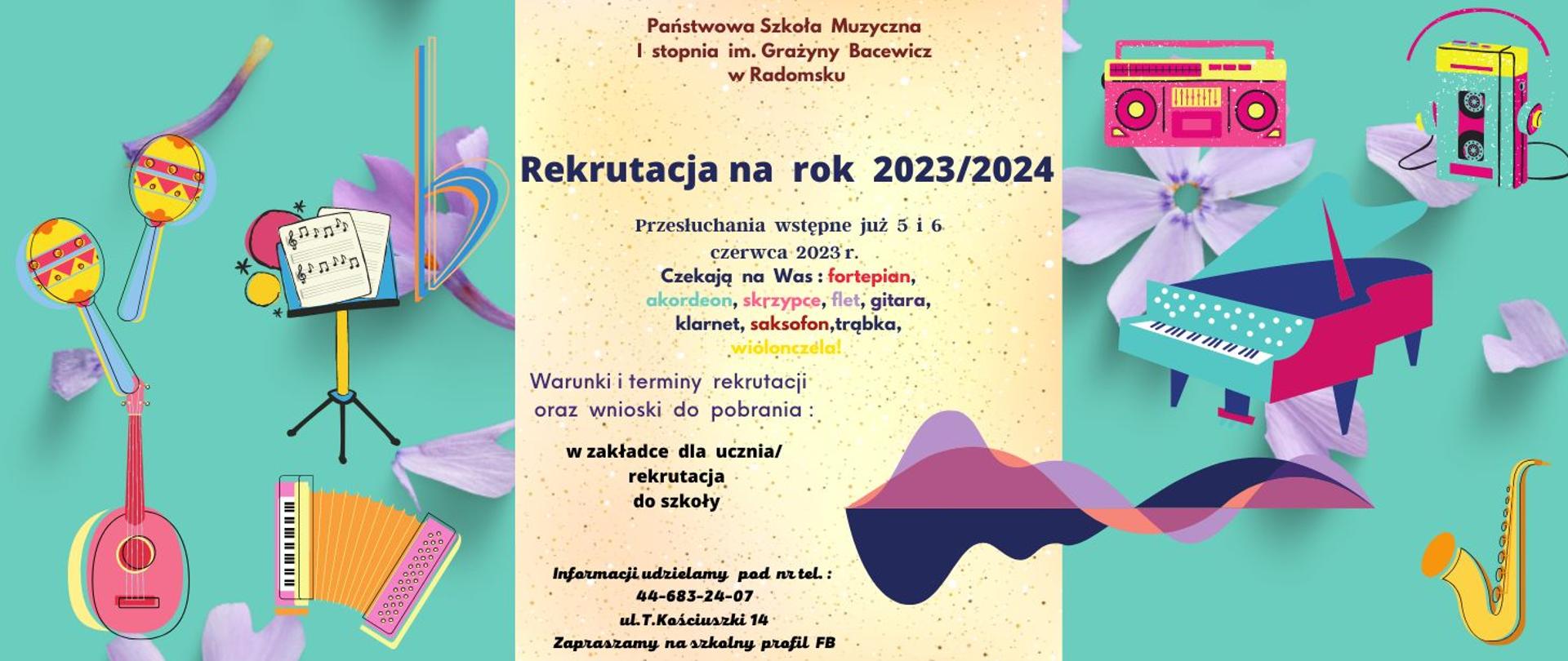 Na turkusowym tle znajdują się grafiki instrumentów muzycznych, pulpitu, radia, walkmana w kolorach różowym, miodowym, żółtym, fioletowym, białym, kremowym oraz kwiatów w kolorze wrzosowym.. Napisy informacyjne występują w kolorach : czarnym, żółtym, czerwonym, granatowym, fioletowym, różowym turkusowym na łososiowym tle w cętki.