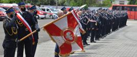 Strażacy OSP stojący w dwuszeregu wraz z pocztem sztandarowym 