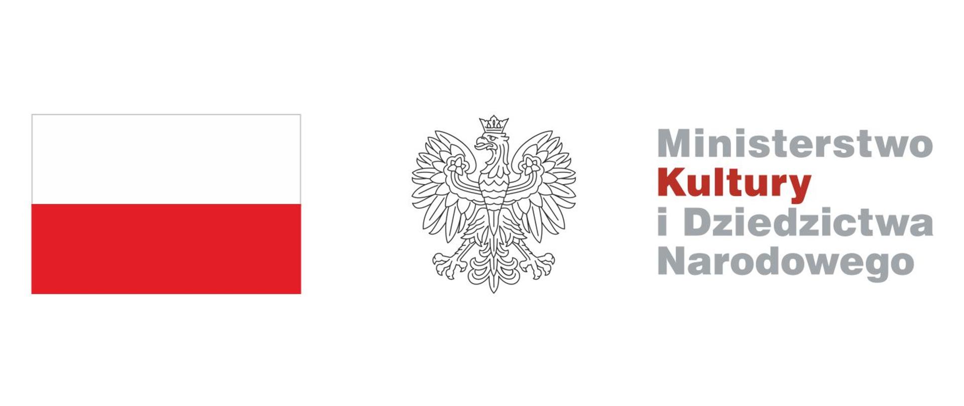Grafika z flagą i godłem Rzeczypospolitej Polski oraz logiem Ministerstwa Kultury i Dziedzictwa Narodowego zbudowanego na podstawie podanej nazwy logotypu.