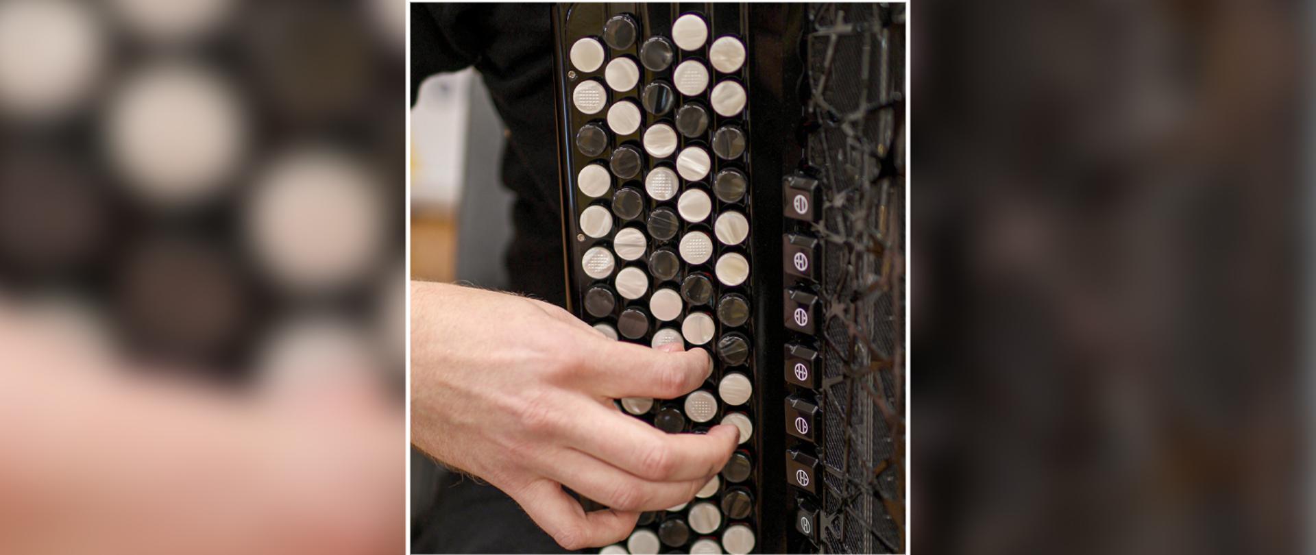 Widoczny fragment klawiatury akordeonu guzikowego