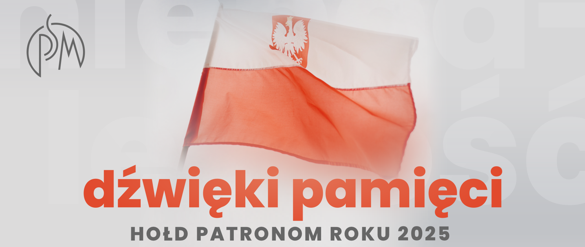 szaro-czerwona grafika z napisami dźwięki pamięci - hołd patronom roku 2025 - polskim bohaterom z Katynia, Charkowa, Bykowni i innych miejsc 