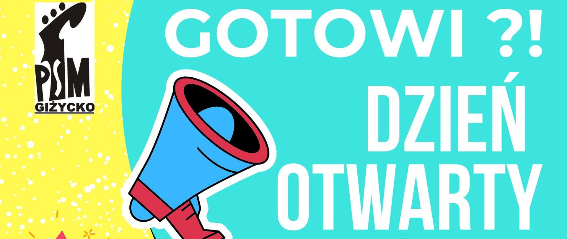 Plakat w pionie informujący o dniu otwartym szkoły, który odbędzie się 09.04.2026r. Plakat w żywych kolorach niebiesko, żółto - czerwonym. U góry logo szkoły. Pośrodku plakatu kolorowe nuty na pięciolinii oraz dwa megafony. U dołu informacje dotyczące wydarzenia. 