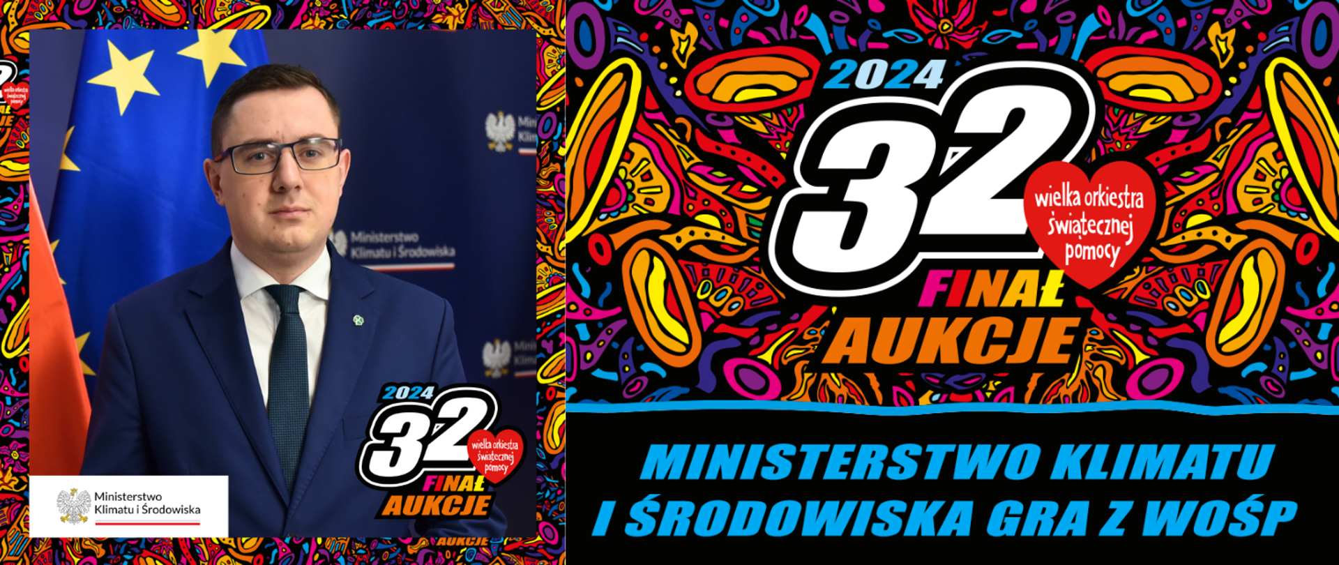 Podsekretarz stanu, wiceminister klimatu i środowiska Miłosz Motyka na tle baneru 32 Finału Wielkiej Orkiestry Świątecznej Pomocy. 