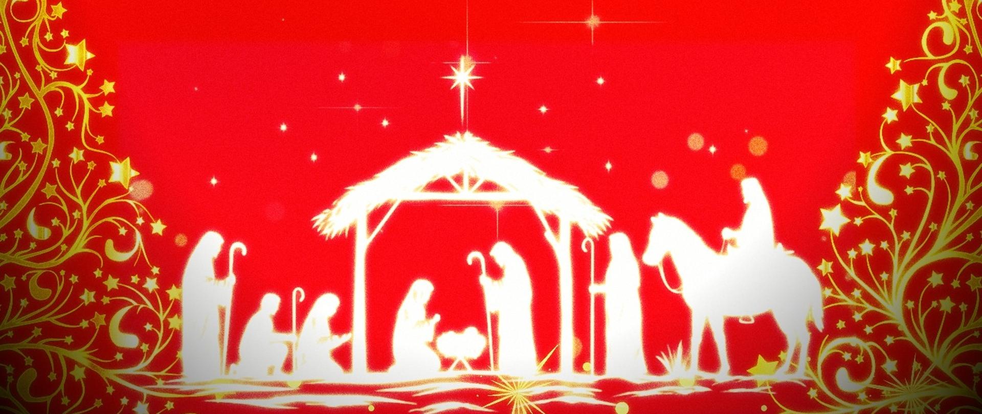 plakat świąteczny na czerwonym tle, od góry złote nuty, klucze muzyczne świątecznie ozdobione z mieniącymi się, drobnymi gwiazdeczkami, poniżej na środku życzenia na Święta Bożego Narodzenia od dyrektora szkoły napisane czarnymi literami, na dole po bokach złote choinki z zakręconymi gałązkami i gwiazdami oraz na środku na biało szopka bożonarodzeniowa