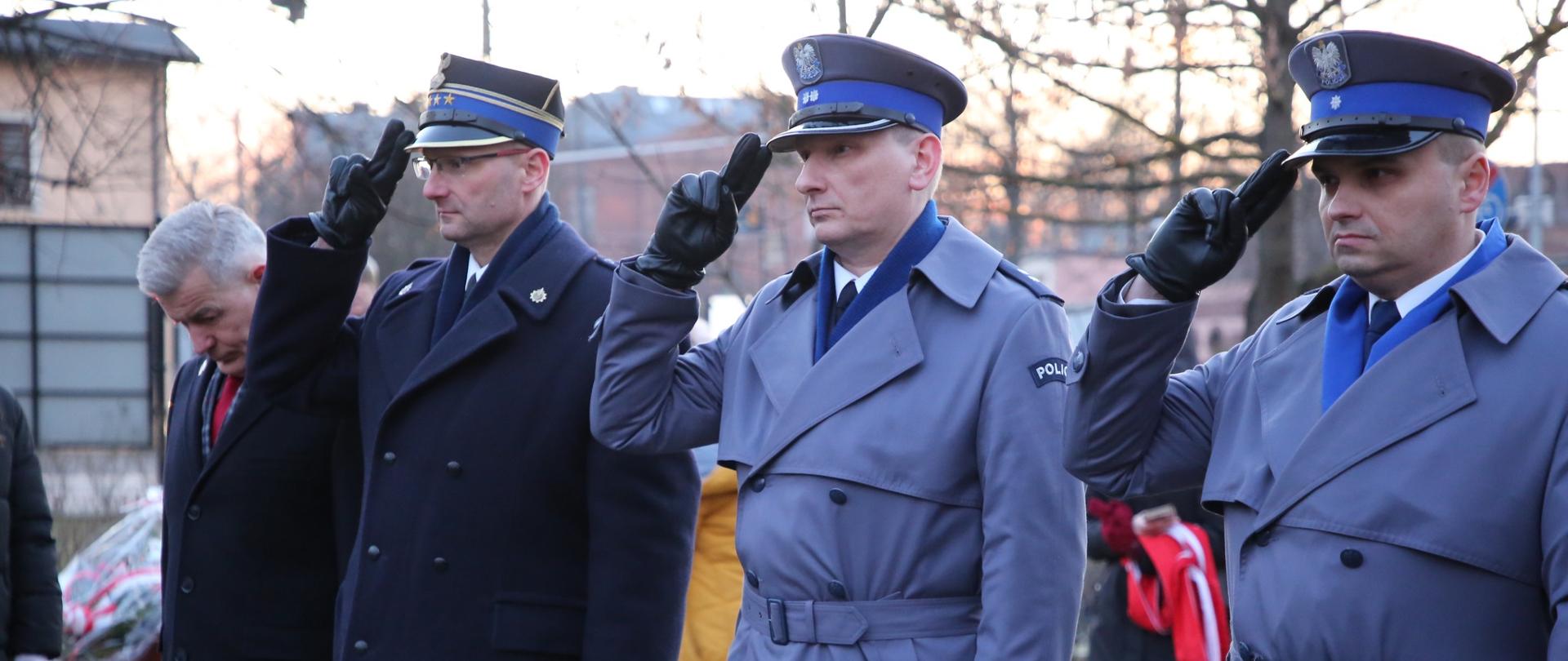 Na zdjęciu od lewej strony stoją salutując komendant powiatowy PSP w Żyrardowie st. bryg. Mariusz Tymoszewicz oraz przedstawiciele żyrardowskiej Policji