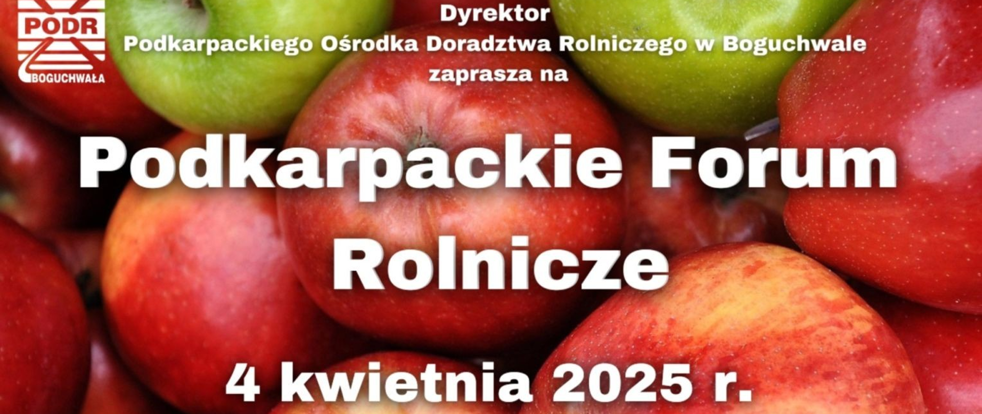 Plakat, czerwone i zielone jabłka. W lewym górnym rogu logo instytucji. Białe napisy na tle jabłek. 