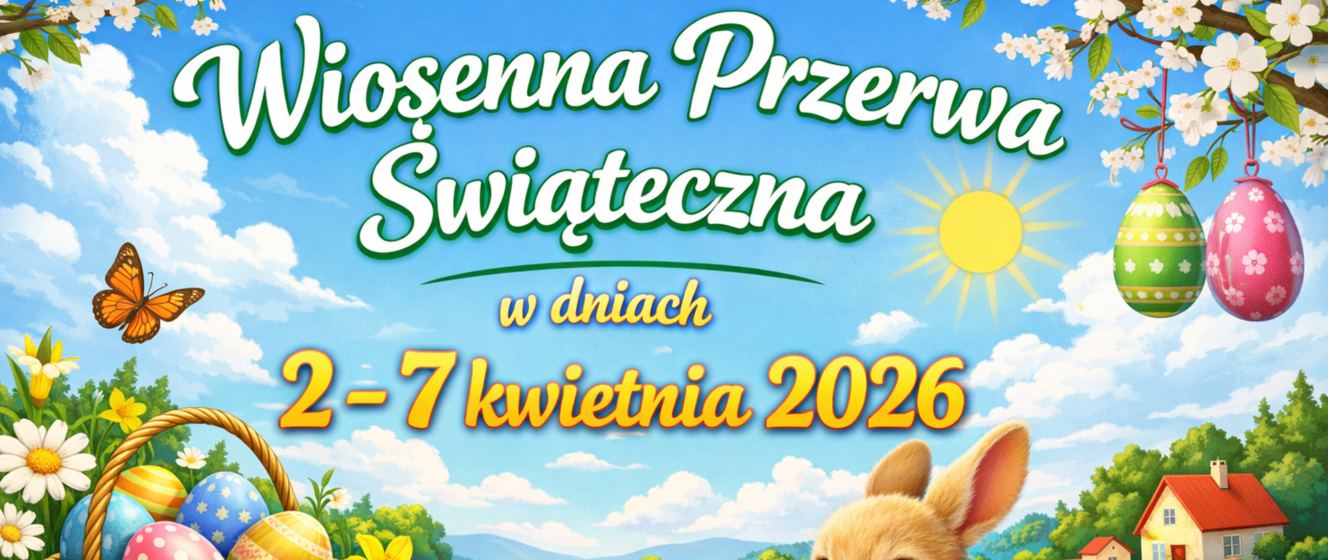 Kolorowy, poziomy plakat informujący o Wiosennej Przerwie Świątecznej w dniach 2–7 kwietnia 2026. Na tle wiosennego krajobrazu z zieloną łąką, kwiatami i błękitnym niebem znajduje się koszyk z pisankami, wielkanocny zajączek oraz mały żółty kurczaczek. Wokół rosną stokrotki i inne wiosenne kwiaty, a na gałęzi wiszą ozdobne jajka. Na górze dużym napisem widnieje tekst „Wiosenna Przerwa Świąteczna”, a poniżej informacja „w dniach 2–7 kwietnia 2026”. Plakat utrzymany jest w jasnych, wiosennych kolorach.