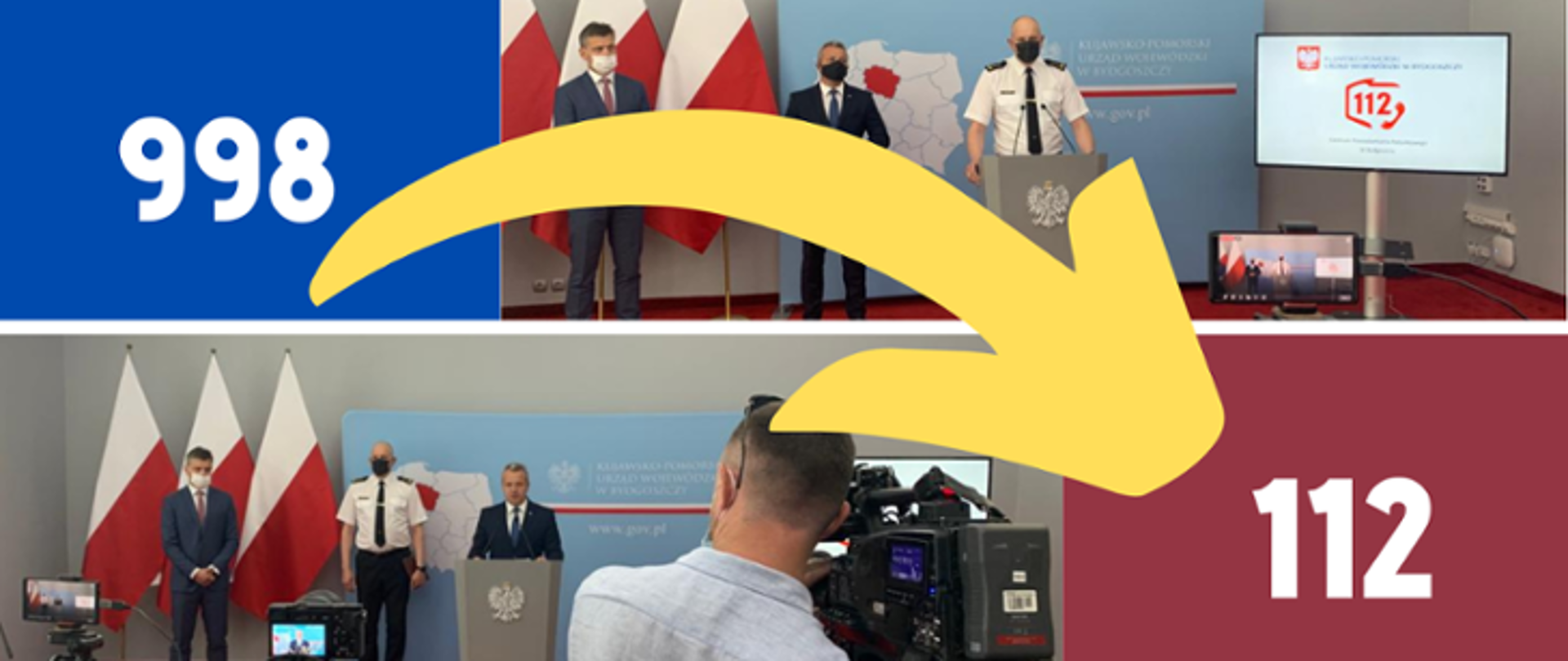Kolaż zdjęć przedstawiający 2 zdjęcia z konferencji prasowej oraz numery 998 na niebieskim tle i 112 na czerwonym tle połączone żółtą strzałką.