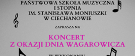 Na szarym tle czarne litery z nazwą szkoły a różowymi literami tytuł koncertu: "Koncert z okazji dnia wagarowicza".