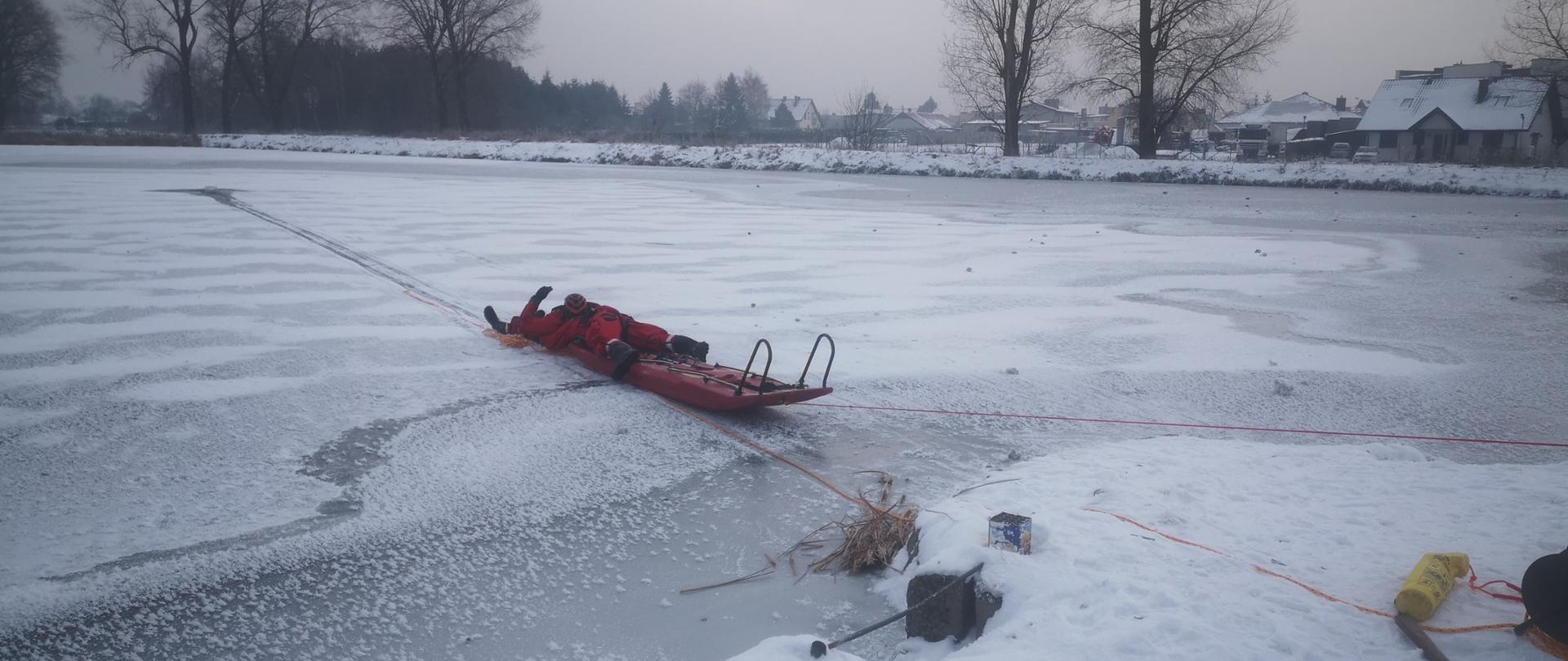 Ćwiczenia z zakresu ratownictwa wodno - lodowego. Na desce lodowej leży strażak, który trzyma za ręce osobę poszkodowaną podjętą z wody. Deska jest ściągana przez ratowników pracujących na linii brzegowej za pomocą lin asekuracyjnych.